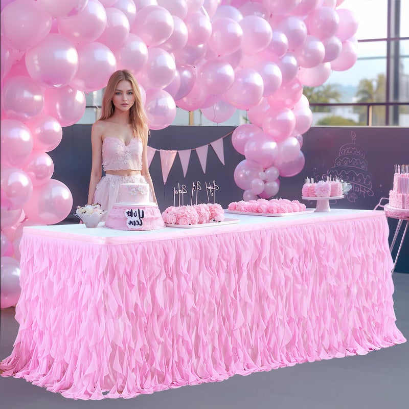 Partisky Pink Tulle Curly Willow Table Skirt for Rectangle Table 9ft, Ruffle Tutu Table Cloth for Girls Baby Shower,Birthday Party Candy Cake Tables - Image 1